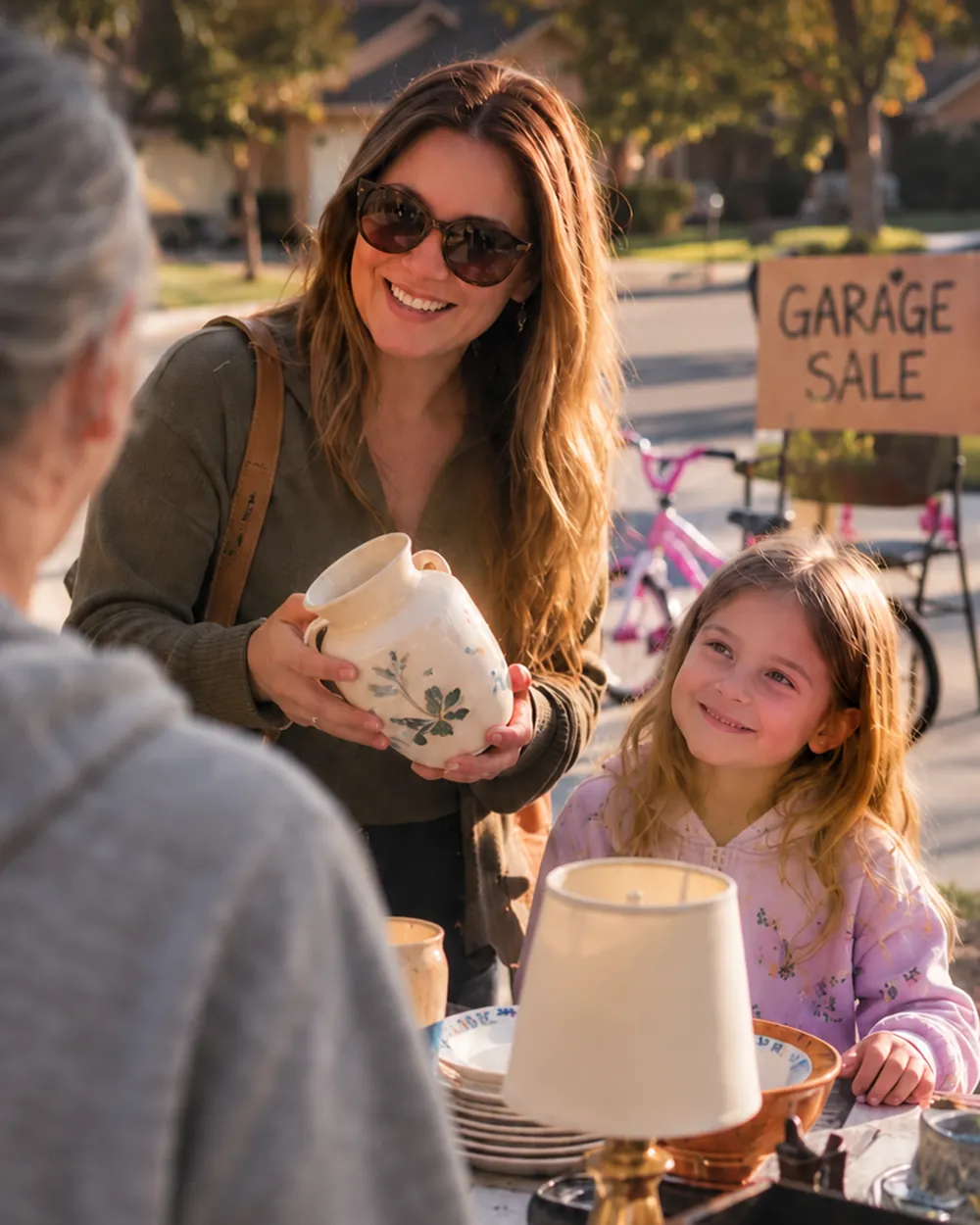 A shopper holding a ceramic jug at a neighborhood garage sale, a child smiling beside the table