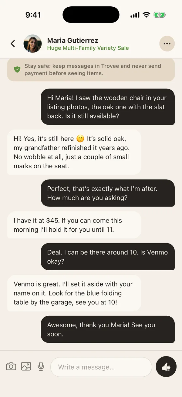 A conversation between a buyer and a seller in Trovee