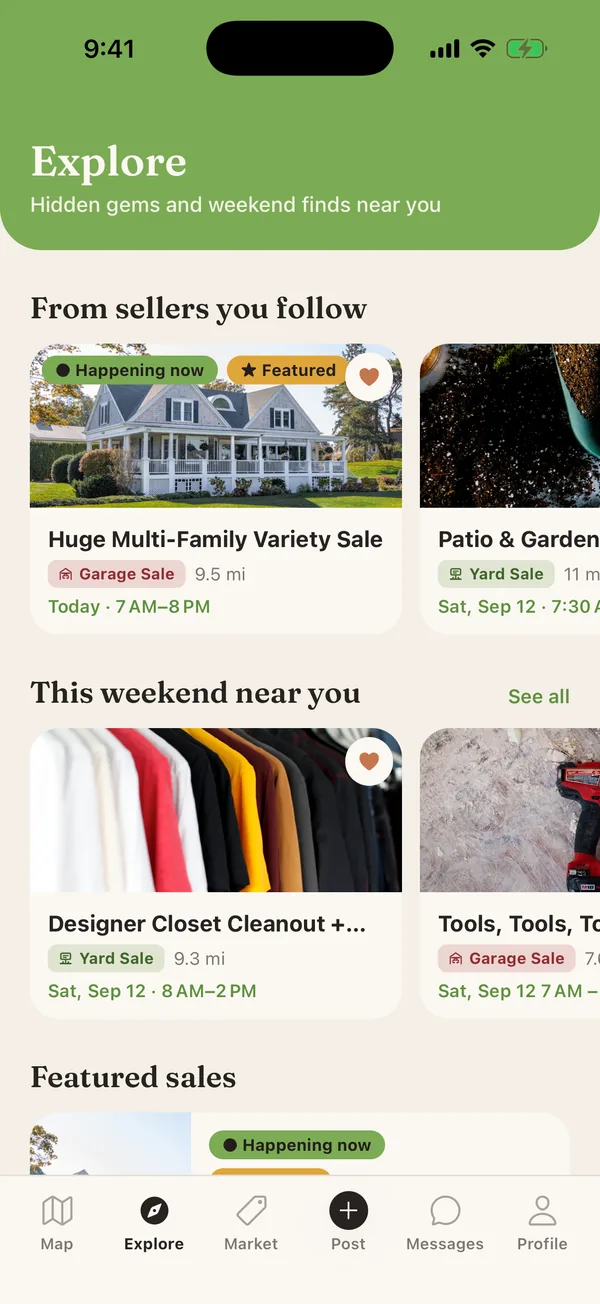 Trovee Explore screen listing garage sales happening this weekend