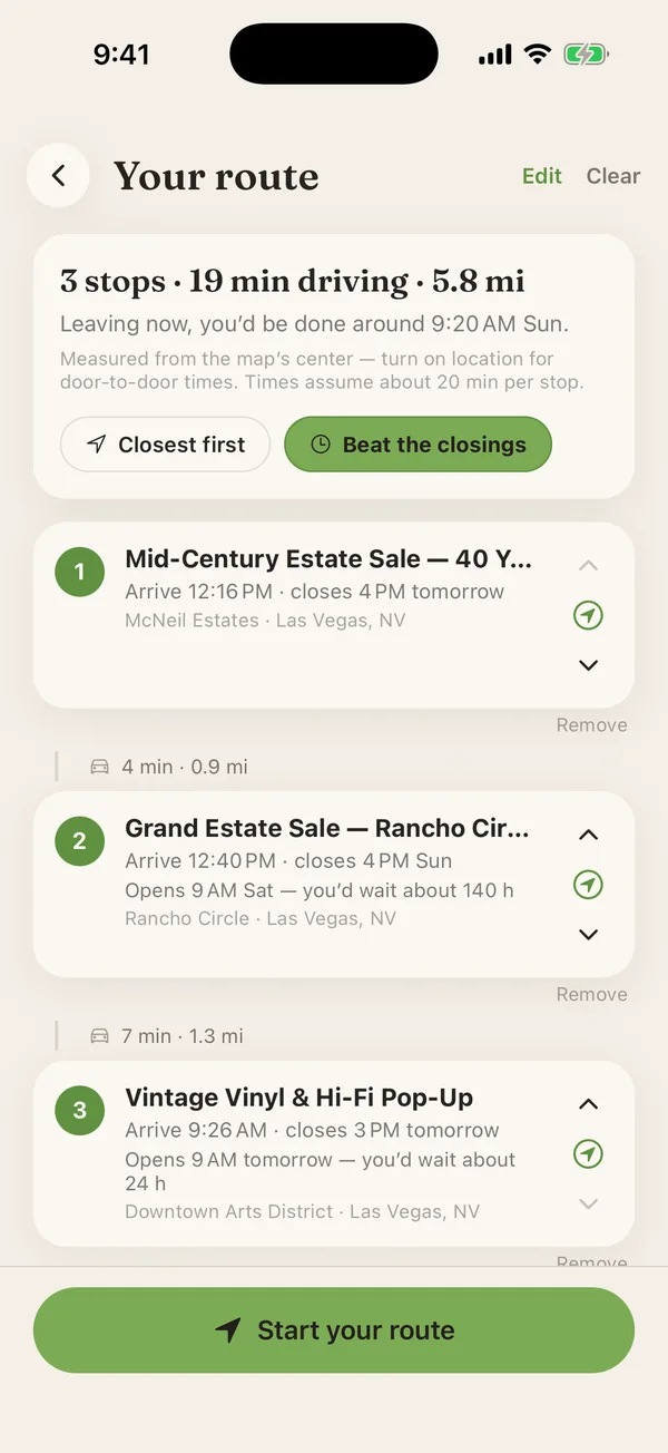 Trovee route planner showing three stops and drive times
