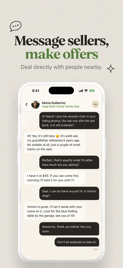 Trovee — Messages: Message sellers, make offers.